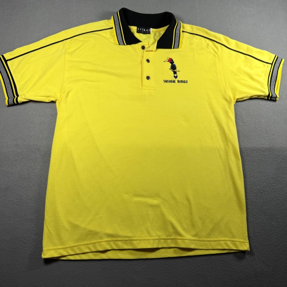 Tribal Original Mens Polo Shirt XL Yellow Sarawak Borneo Hornbill Bird Cotton